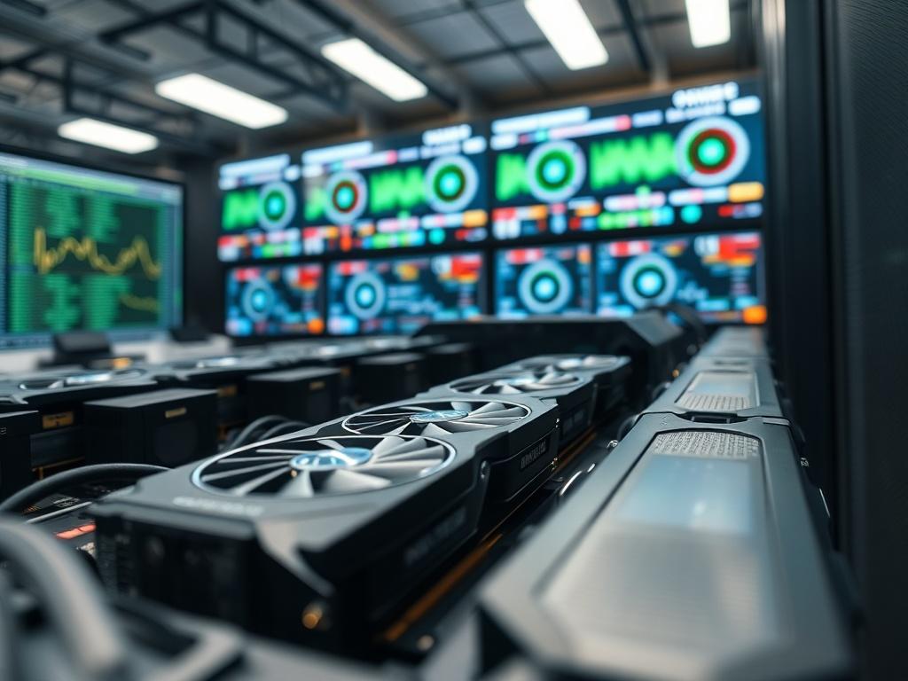 A close-up shot of a multi-GPU setup in an advanced data center, with visible indicators of performance monitoring on screens in the background. The environment should feel dynamic and focused, showcasing the integration of technology and infrastructure. Soft lighting should enhance the details of the GPUs, creating a sophisticated and operationally efficient atmosphere.