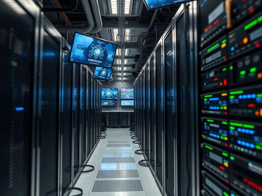 A close-up shot of a high-tech server room filled with various AI infrastructure components, including multiple racks of servers and GPUs. The setting should convey a sense of security and reliability, with advanced monitoring screens visible in the background. The focus should be on the hardware, with professional lighting highlighting the details and enhancing the overall tech-savvy impression of the space.