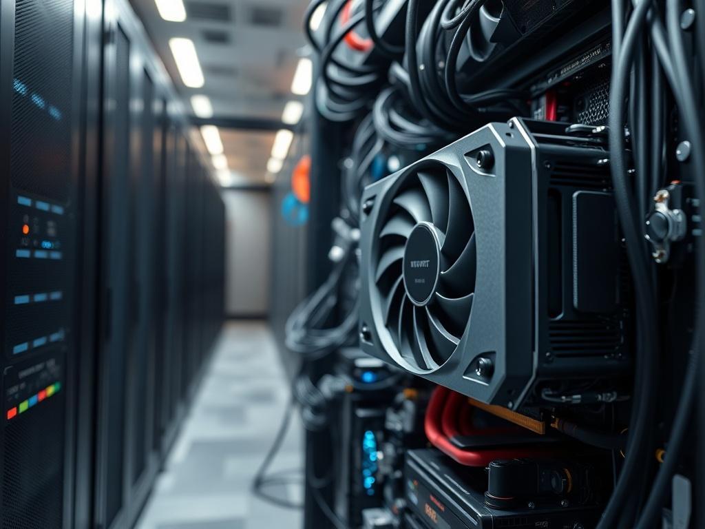 A close-up shot of a high-performance GPU setup in a modern server room, showcasing advanced cooling systems and organized wiring, with a focus on the GPU itself. The lighting should be soft but highlight the details of the hardware, enhancing the technological feel of the environment. The background should be slightly blurred to emphasize the GPU, creating a professional and high-tech atmosphere.