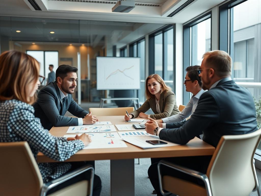 A composed team meeting in a modern conference room, discussing project commitments with visual aids, such as charts and timelines. The atmosphere is collaborative and focused, reflecting clarity and professionalism.