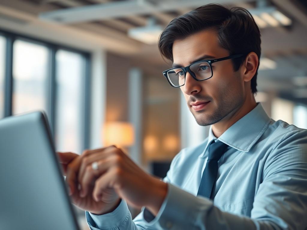 A focused business professional reviewing a clear roadmap on a digital screen, with a calm and confident expression. The background is a modern office space, softly lit to convey a sense of clarity and professionalism.