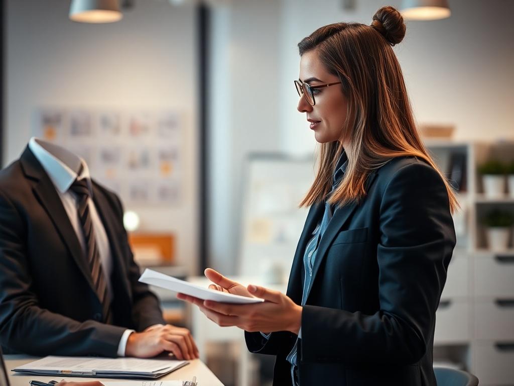 A serene business setting with two professionals engaged in a focused discussion, showcasing efficiency through their collaboration. The backdrop features a clean, organized workspace, emphasizing clarity and purpose.