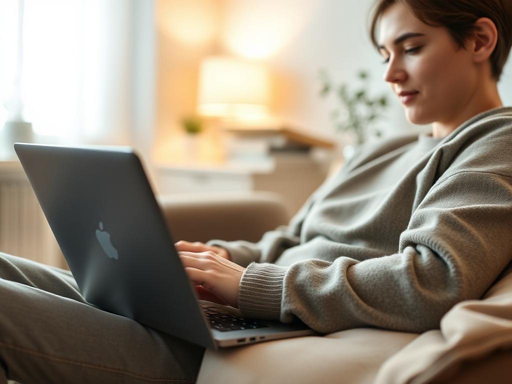 A close-up shot of a person comfortably using a laptop, with a relaxed expression while reading an email update. The background should be calming, featuring soft colors and a clutter-free workspace, emphasizing a stress-free experience.