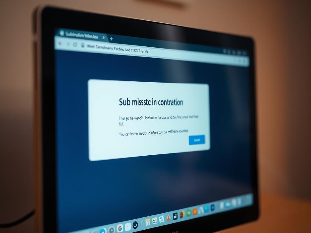 A close-up shot of a computer screen displaying a clear and professional submission confirmation message. The background should be simple, emphasizing the screen and the text on it. The image should convey a sense of reassurance and control, with a clean design and a warm color palette.