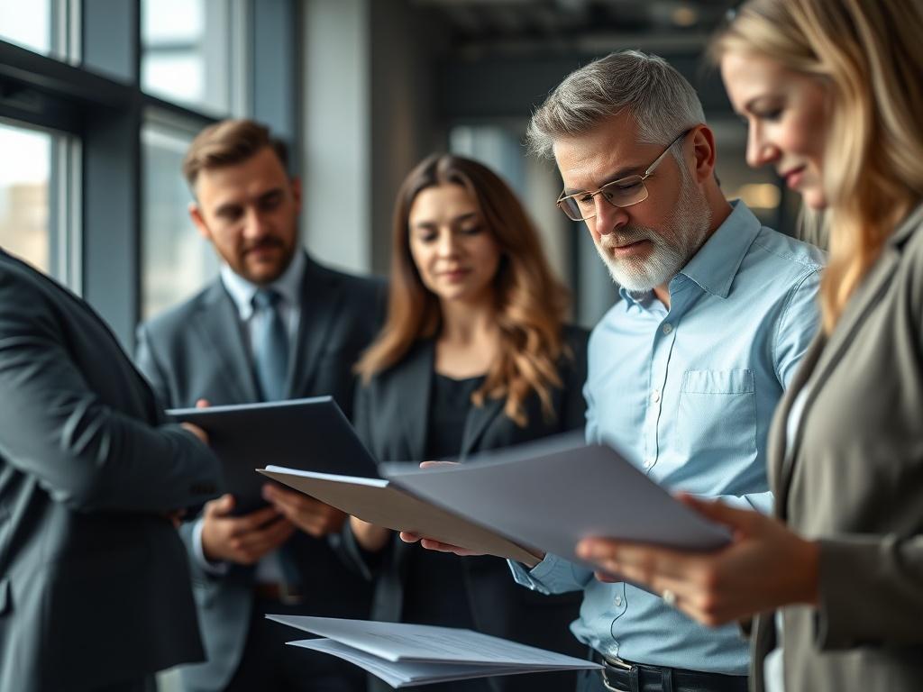 A close-up shot of a professional team in a modern office environment, engaged in a discussion while reviewing documents. The focus should be on collaboration and attentive evaluation. The background should be slightly blurred to highlight the team's engagement and commitment to quality assessment.