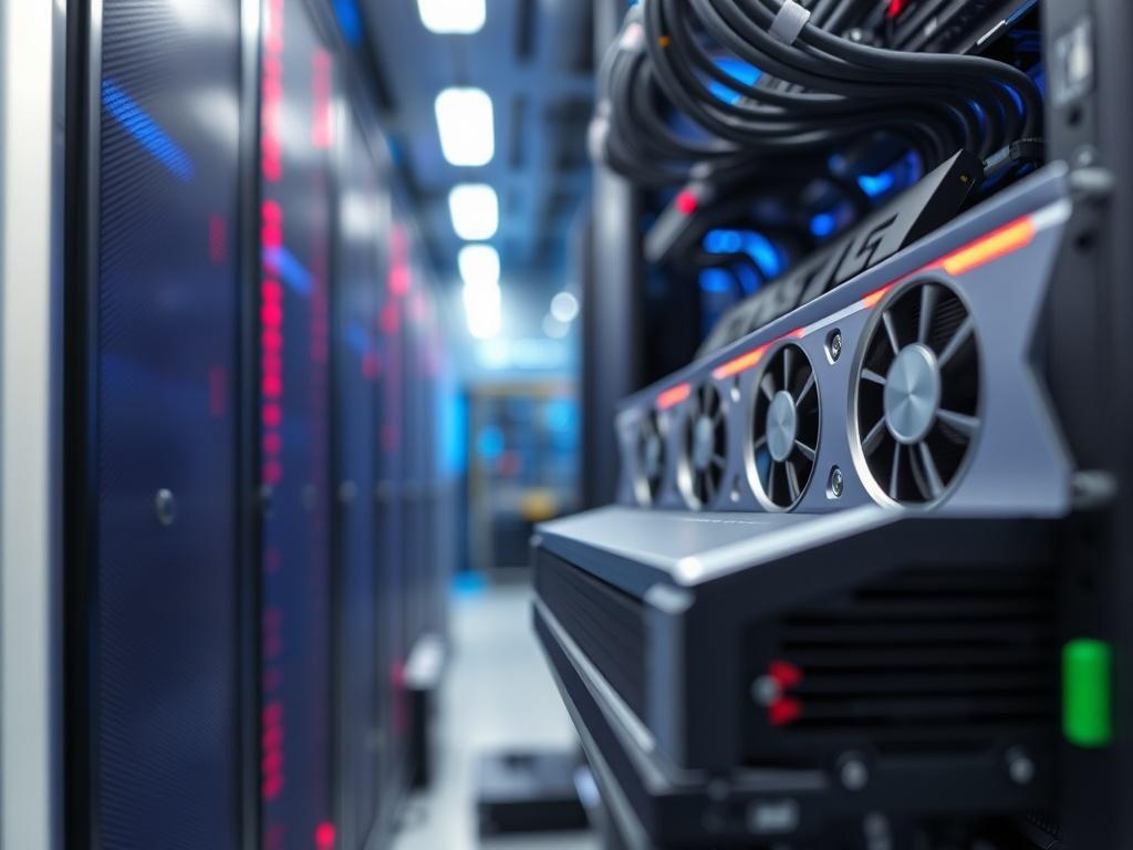 A close up shot of an advanced AI server rack