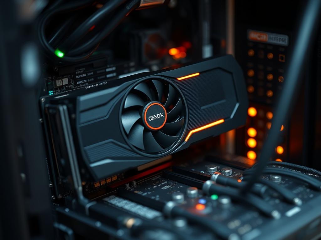 A close-up shot of a high-performance GPU being installed in a server, showcasing the intricate details of the technology. The image should convey the sophistication and precision of dedicated AI infrastructure. A subtle rgb(155, 2, 2) hue should illuminate the components, emphasizing the advanced technology and organized setup.