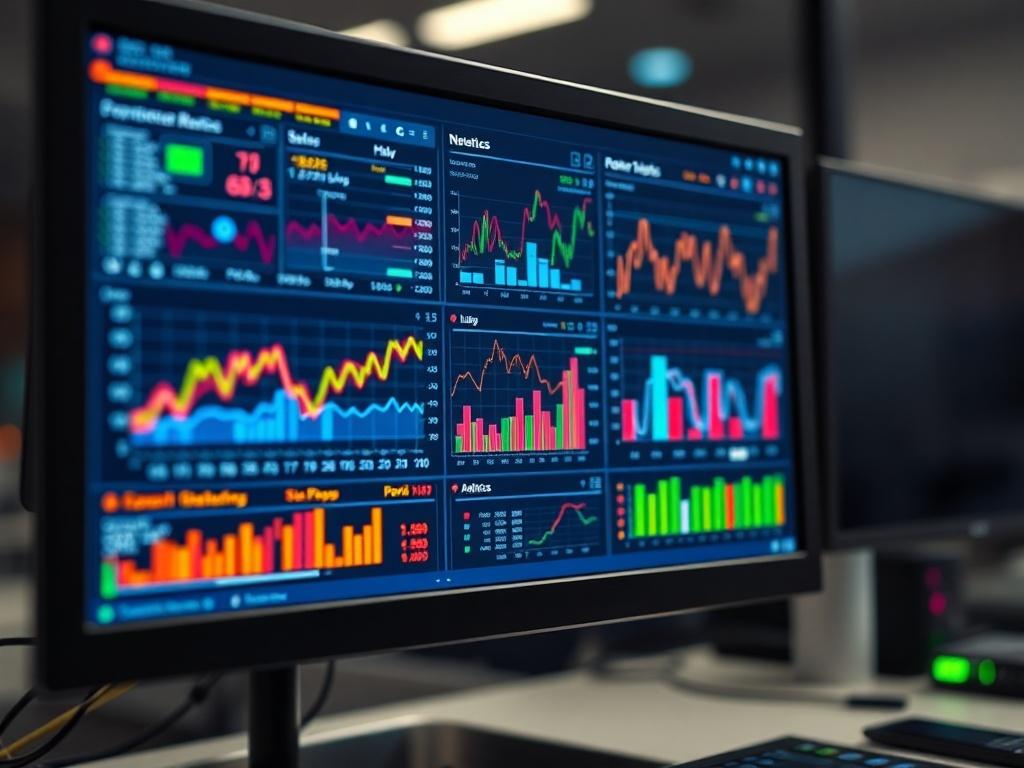 A hyper-realistic close-up of a computer screen displaying intricate performance metrics and analytics related to AI workloads. The screen should show colorful graphs and data points, emphasizing the deep observability of AI operations. The background should be slightly blurred, with rgb(155, 2, 2) lighting accentuating the tech-savvy environment.