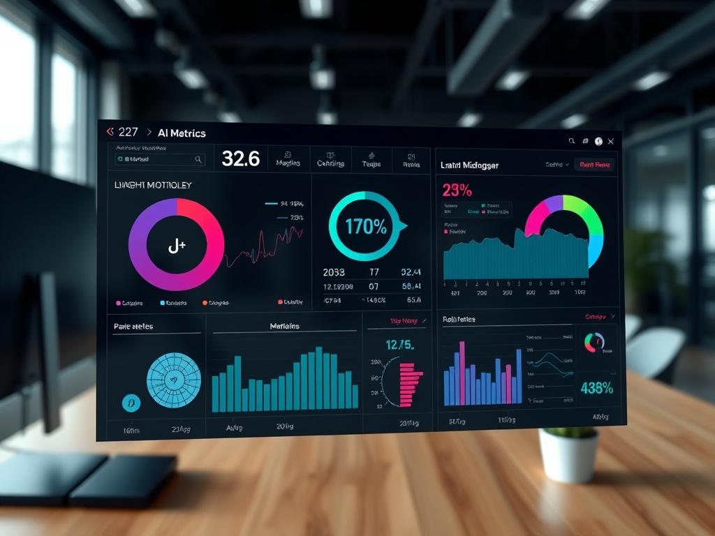 A hyper-realistic close-up of a digital dashboard displaying live GPU metrics and system health indicators. The background should be a modern workspace, reflecting a collaborative AI team environment. The image should convey themes of monitoring, observability, and advanced technology.