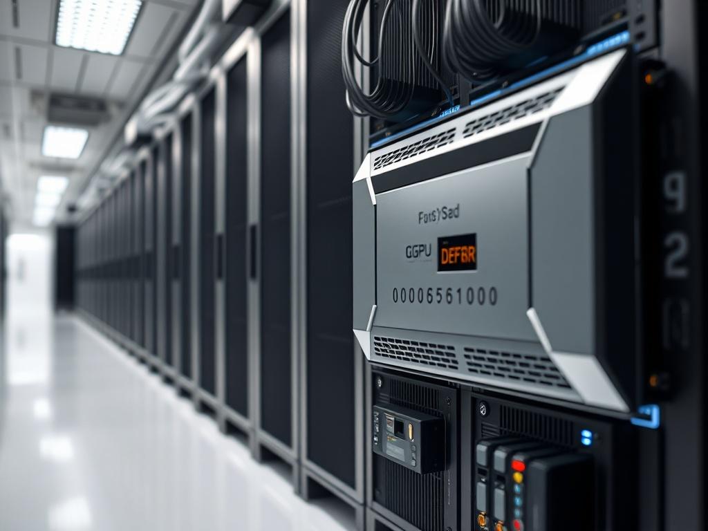 A high-resolution close-up shot of a powerful GPU server with a sleek design, showcasing its dedicated hardware. The background should be a clean, modern data center environment, emphasizing performance and reliability. The image should reflect the theme of dedicated compute and high-performance technology.