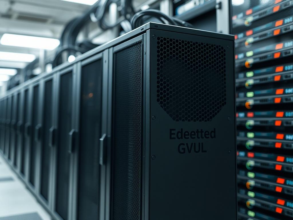 A hyper-realistic close-up shot of a dedicated GPU server in a modern data center. The server should be illuminated with soft, focused lighting to highlight its features. Background should include blurred racks of additional servers, creating a sense of depth. The overall color scheme should reflect a professional tech environment, with accents in the primary color rgb(155, 2, 2).