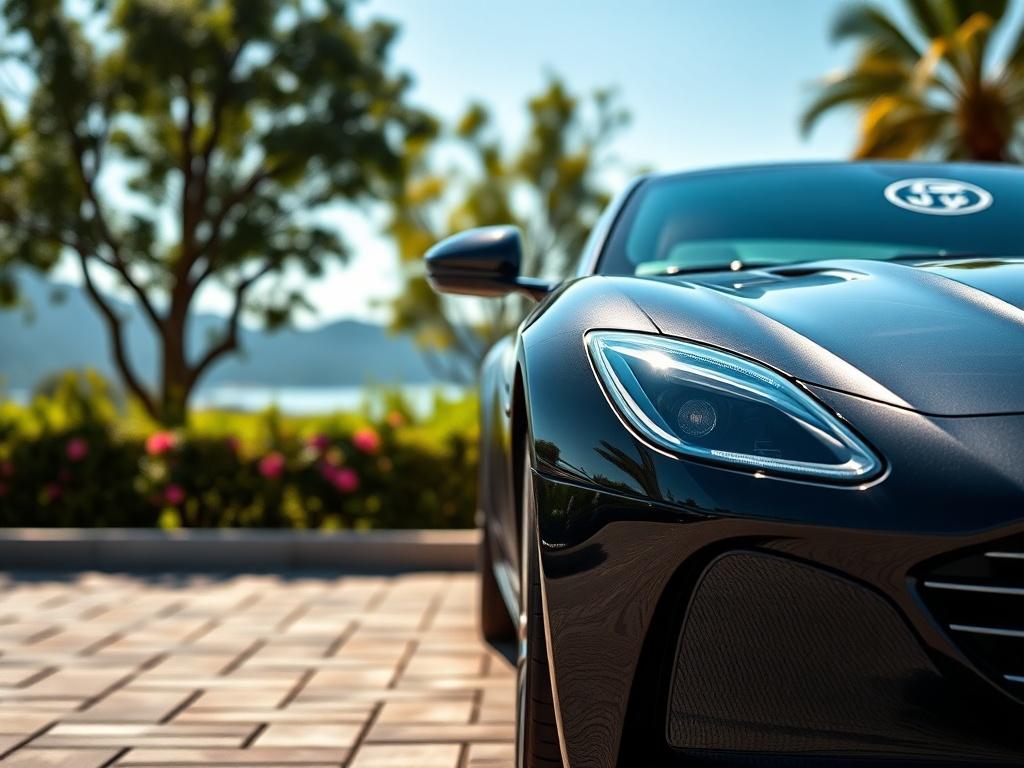 A luxurious car parked in front of a scenic backdrop,