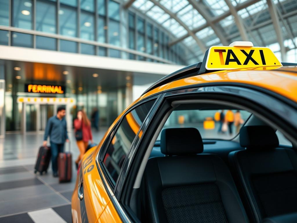 An airport scene with a taxi waiting outside the terminal,
