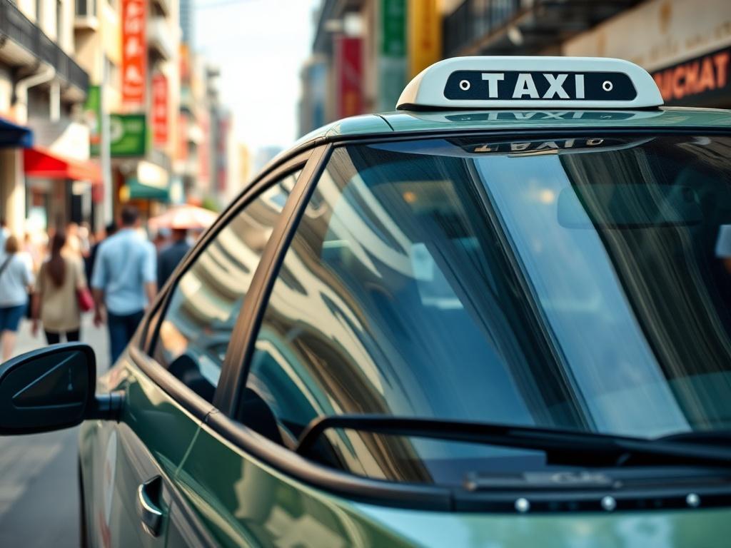 A budget friendly taxi in a vibrant urban setting, showcasing