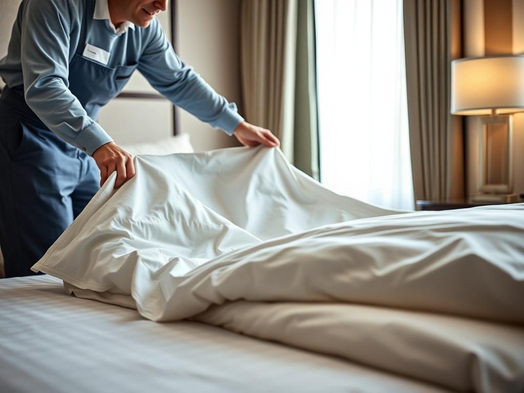 A hyper-realistic close-up shot of a staff member quickly replacing stained bed linens in a hotel room, with a focus on the fresh, clean linens being placed on the bed. The background should be softly blurred to emphasize the action and quality of the linens.