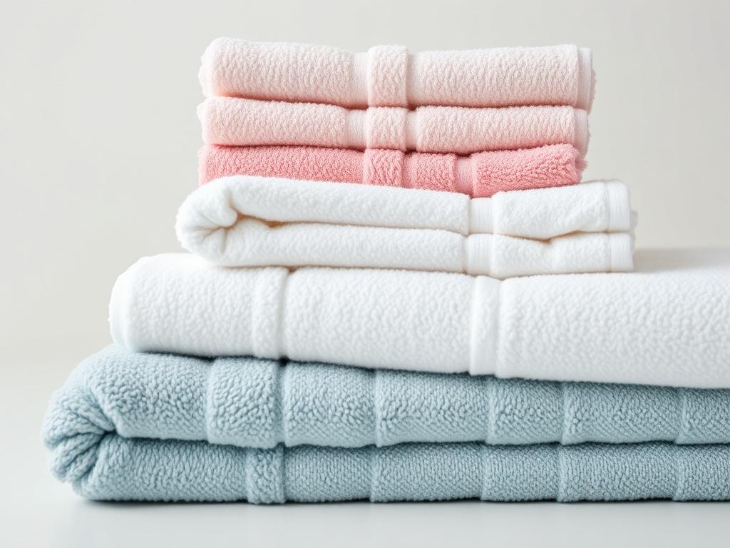A hyper-realistic close-up shot of freshly laundered towels neatly stacked, with soft lighting and a clean, white background. The focus should be on the texture and cleanliness of the towels, showcasing their fluffiness and vibrant colors. The image should evoke a sense of freshness and quality.