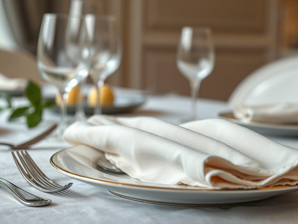 A hyper-realistic close-up shot of elegant linen napkins folded on a beautifully set dining table, with soft natural lighting. The focus should be on the fine texture and colors of the linen, highlighting its quality and sophistication. The background should be simple and elegant.