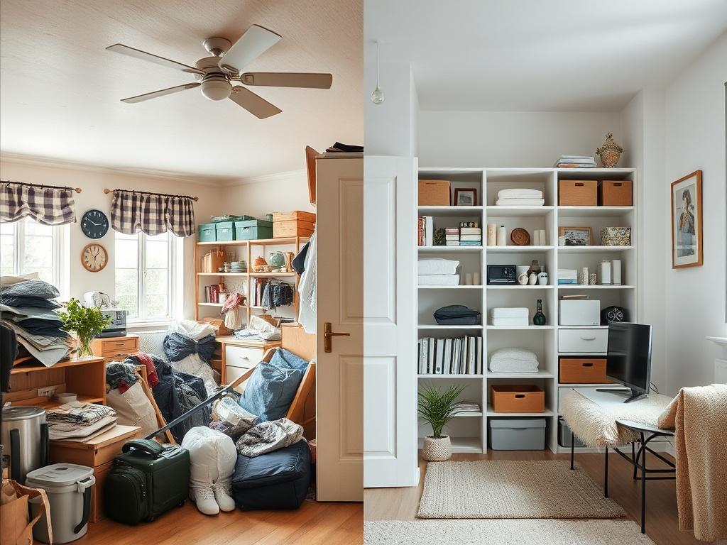 A split photo showcasing a messy interior of a holiday let on the left side and the same space transformed into a clean, organized area on the right side. The focus should be on the dramatic contrast between the two sides, highlighting the effectiveness of cleaning and management services. The background should be neutral to emphasize the details of the interiors. The image should be shot in high-resolution with a close-up perspective, using a 45mm f/1.2 lens style.