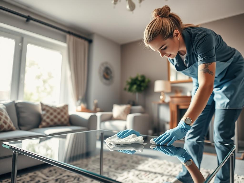 A close-up shot of a professional cleaner meticulously cleaning a holiday let living room. The cleaner is using a microfiber cloth to wipe down a glass coffee table, with sunlight streaming through a large window, illuminating a cozy and inviting space. The background features neatly arranged furniture and tasteful decor, showcasing the cleanliness and attention to detail that Maid2manage provides in their changeover cleaning service.