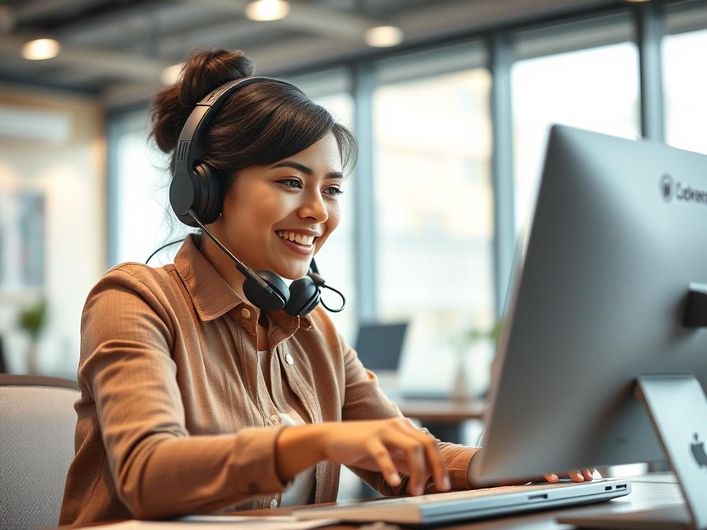 A friendly customer service representative assisting a guest over the