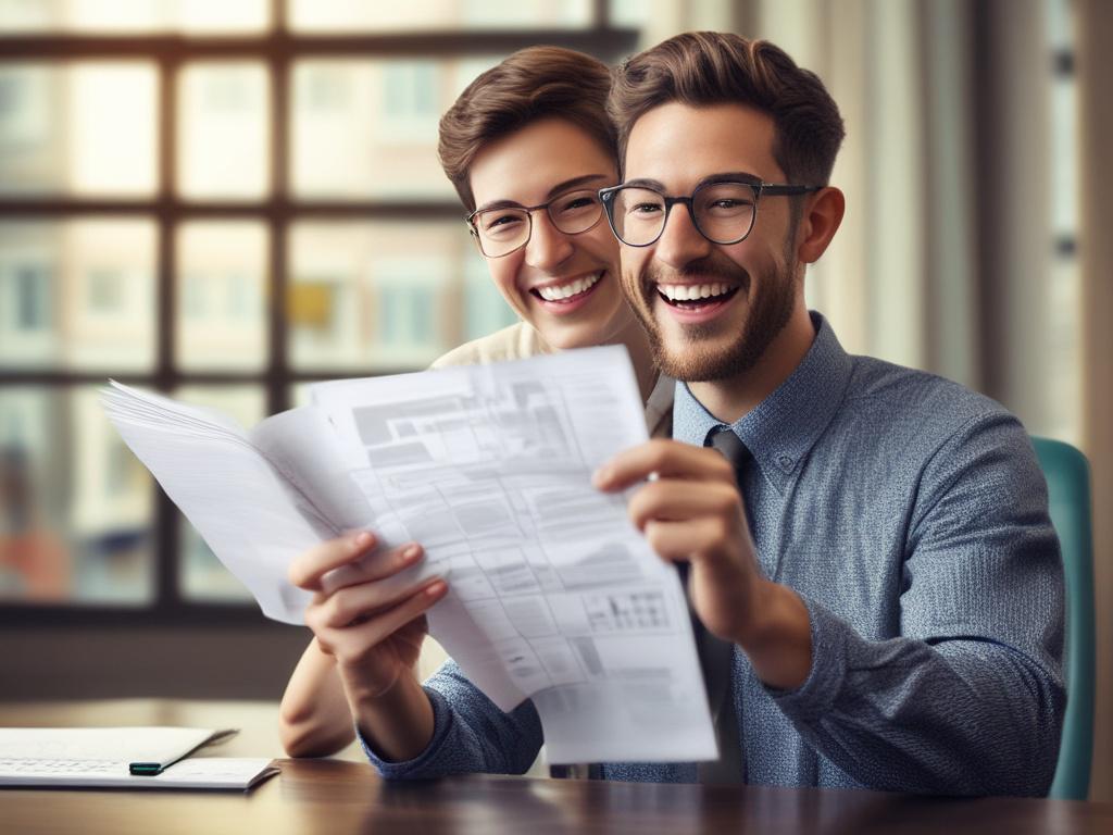a person joyfully receiving financial documents, close up shot, hyper