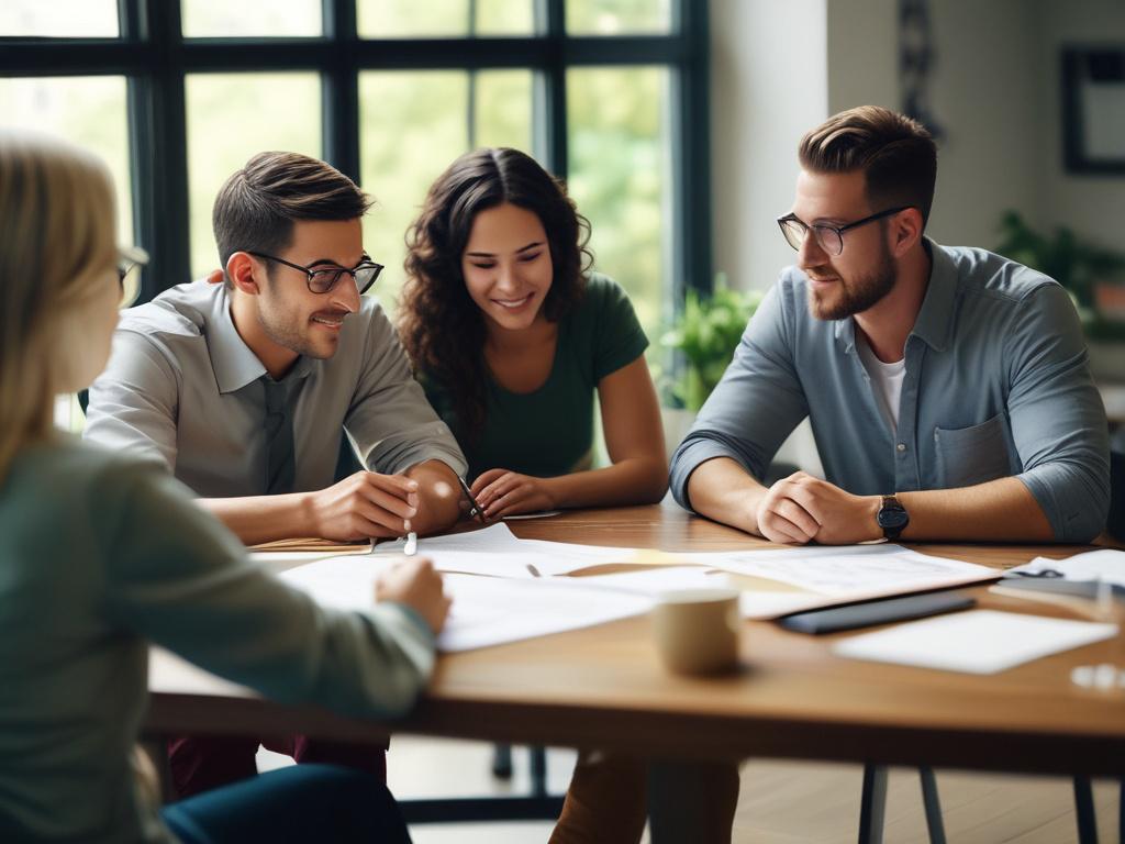 a family gathering around a table discussing financial documents, close
