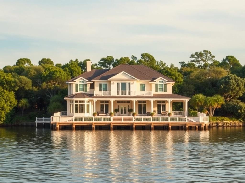 A realistic high-resolution photo featuring a single elegant, expensive house situated on the intercostal waterway in Wilmington, North Carolina. The composition is simple and clear, focusing on the house with natural tones, earthy textures, and a grounded, rustic aesthetic style. The background includes calm water reflecting the house and lush greenery typical of the Wilmington area, under a clear sky with soft natural lighting. The color palette harmonizes with the rgb(50, 170, 39) primary color to create