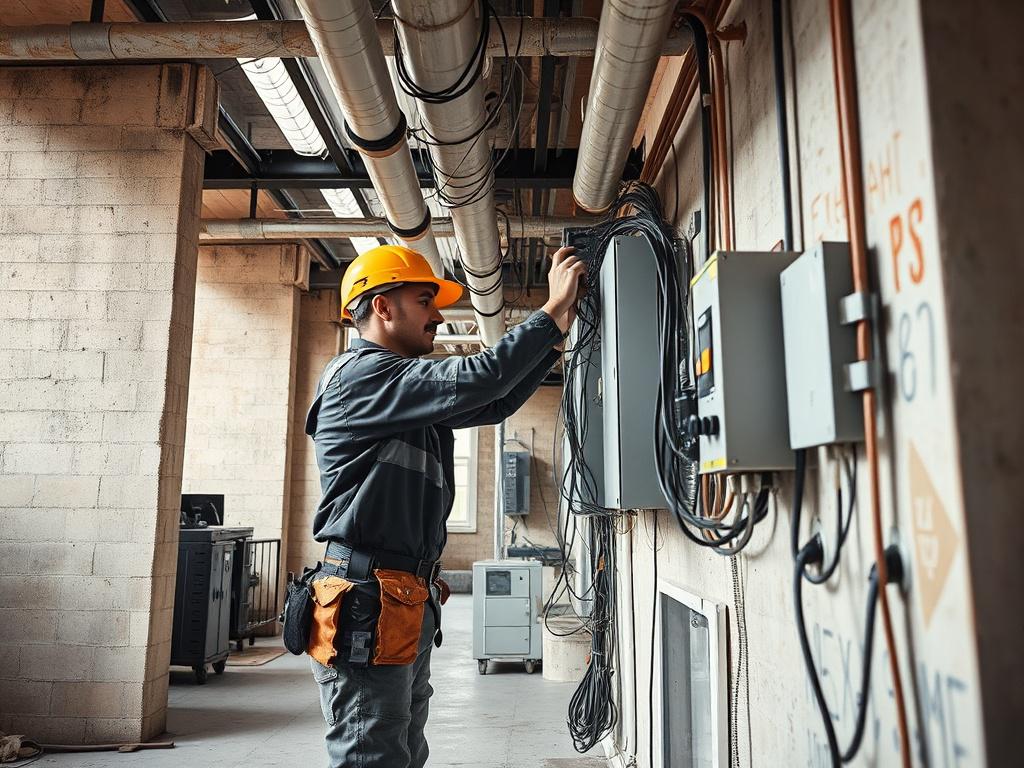 A realistic high-resolution photo of a commercial electrician installing electrical wiring in a modern office building. The image centers on the electrician working with conduit pipes and electrical panels, surrounded by exposed concrete and steel beams with natural lighting. Earthy textures and tones dominate the setting, with the electrician's uniform or tools featuring the primary color rgb(50, 170, 39) to reflect the grounded, rustic style.
