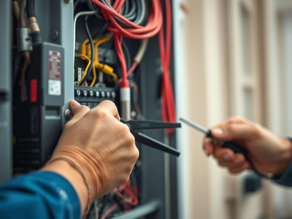 A close up hyper realistic of a professional electrician's hands