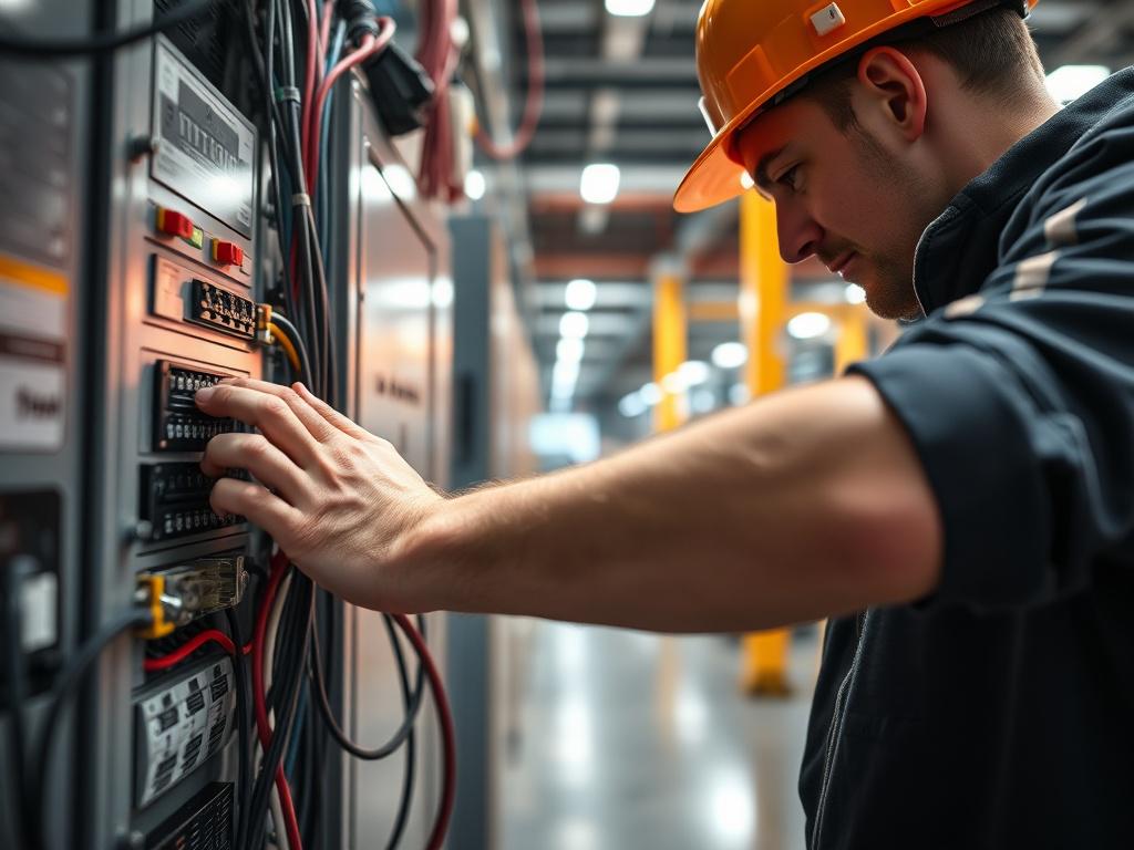 A hyper realistic close up of a commercial electrician installing