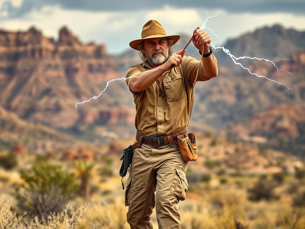 A realistic high-resolution photo of an electrician from Arizona skillfully lassoing a thunderbolt. The composition is simple and clear, featuring a single subject: the electrician wearing a rugged outfit with a tool belt, standing against the backdrop of Arizona's beautiful mountains. The background showcases natural earthy tones and textures, with a grounded, rustic aesthetic. The thunderbolt captured by the lasso glows with a vibrant electric energy that complements the rgb(50, 170, 39) primary color. Th