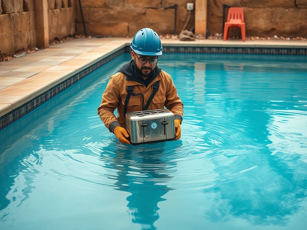 A realistic high-resolution photo of an electrician holding a toaster submerged in a swimming pool. The electrician is wearing protective gear and standing near the edge of the pool. The setting is outdoors with natural lighting, earthy textures around the pool area, and a grounded, rustic aesthetic. The composition is simple and clear with one subject, focusing on the electrician and the toaster in the water. The image should complement the website's primary color rgb(50, 170, 39) without any text or abstr