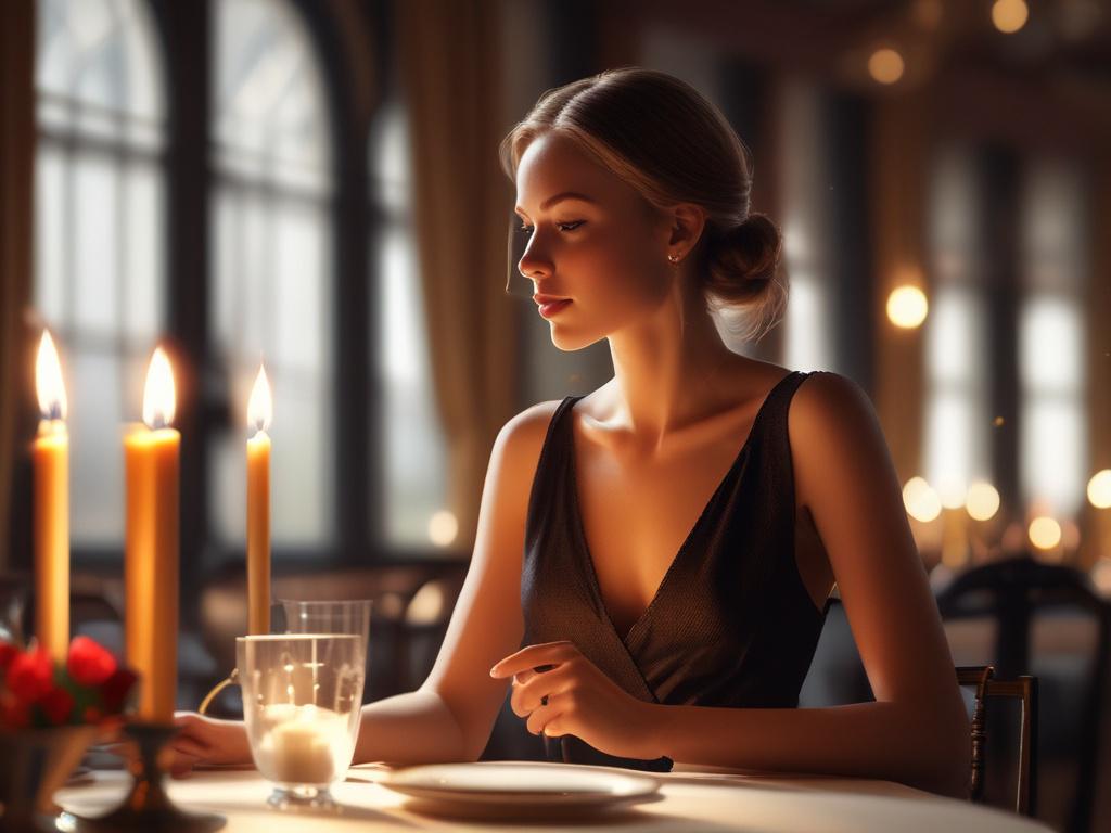 A stunning young woman dressed elegantly, sitting gracefully at a