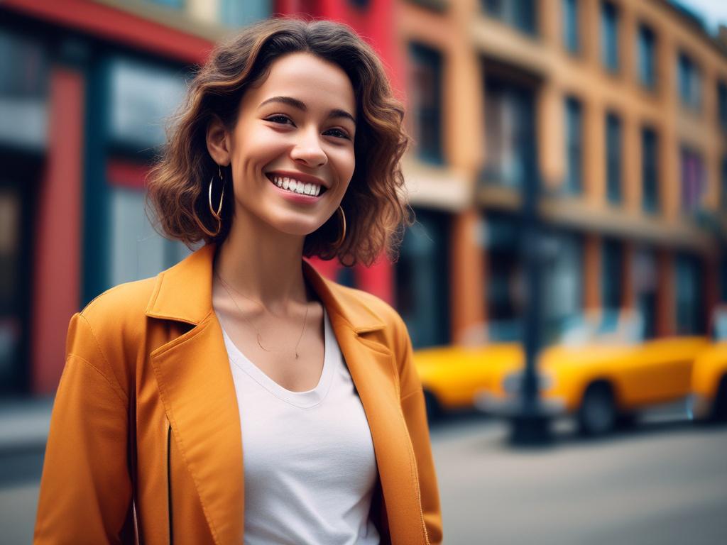 A stunning young woman in a stylish outfit, smiling confidently