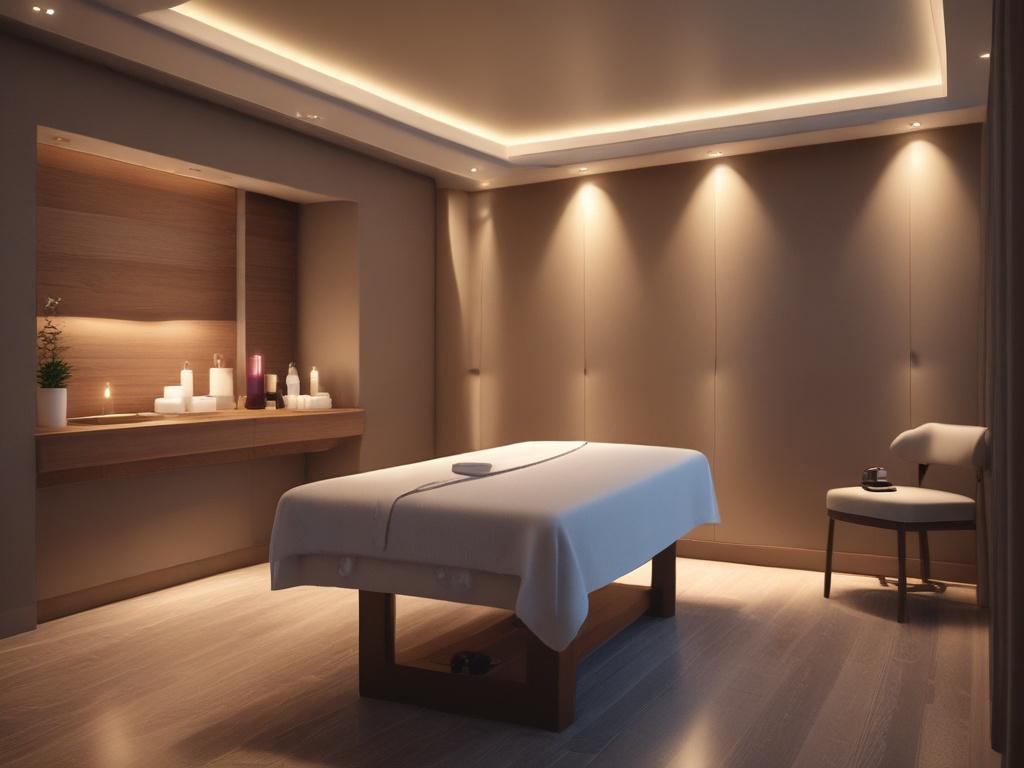An inviting massage room with dim lighting, featuring a massage