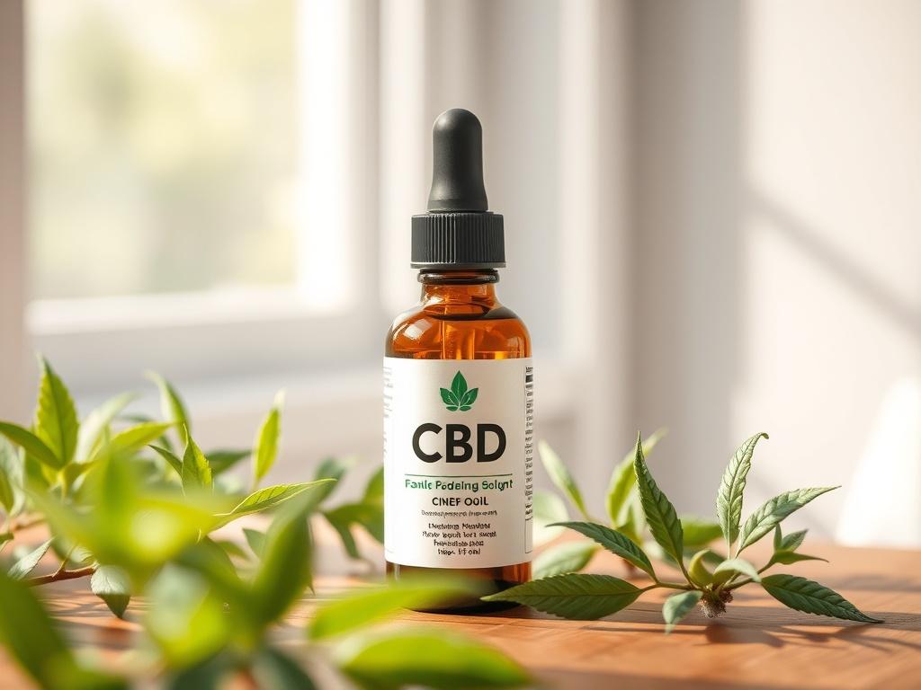 A serene setting featuring a single, beautiful bottle of CBD
