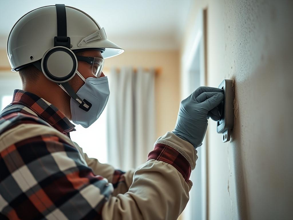 A hyper-realistic close-up shot of a technician applying moisture treatment to a wall in a home. The technician wears protective gear and is focused on the task, with tools and treatment materials visible around. The background shows a well-lit interior of a house, emphasizing the importance of a dry and healthy environment. The color palette should align with the primary color rgb(50, 170, 39), creating a fresh and inviting atmosphere.