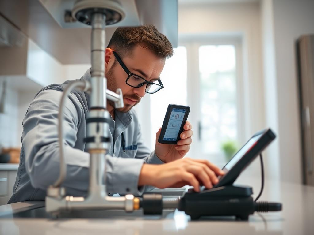 A realistic high-resolution photo of a plumber using advanced leak detection equipment in a modern home setting. The image should focus on the plumber inspecting pipes under a sink, with tools and equipment clearly visible. The background should be a clean, well-lit kitchen with a focus on the plumber's concentrated expression as they work. The colors should match the rgb(50, 170, 39) primary color.