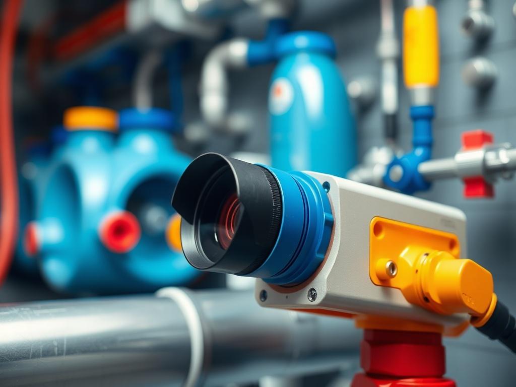 A close-up shot of a high-definition camera used for pipe inspection, placed against a backdrop of clean plumbing equipment. The camera should be in sharp focus, showcasing its intricate details and features, with a soft blurred background emphasizing the professionalism and precision of plumbing services. The color scheme should harmonize with rgb(50, 170, 39), creating a fresh and reliable feel.
