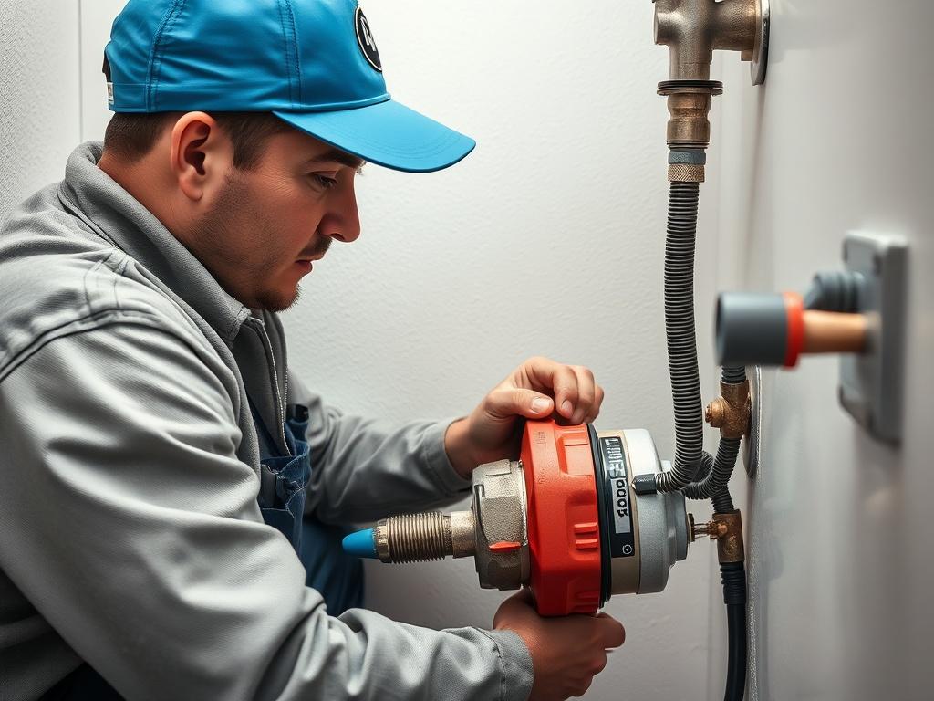A realistic high-resolution photo focusing on a plumber using a drain cleaning machine in a tight space, showing the plumber in action as they work to unclog a drain. The background should be simple, highlighting the equipment and the plumbing tools used. The image should capture a close-up shot, emphasizing the plumber's focused expression and the details of the plumbing work, with a color palette compatible with rgb(50, 170, 39).