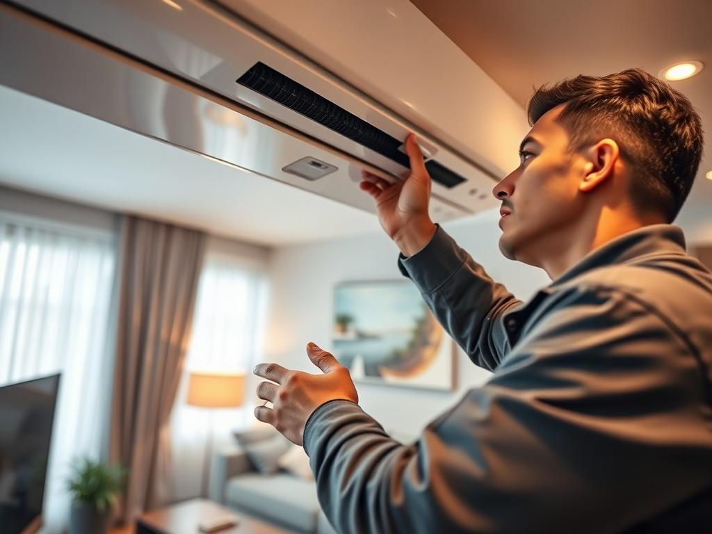 A close-up shot of a professional technician installing an air conditioning unit indoors. The technician is focused and wearing a uniform. The background is a modern living room with neutral colors, showcasing a comfortable and stylish environment. The image is rendered in hyper-realistic detail, highlighting the technician's hands and the air conditioning unit. The lighting is soft and warm, creating an inviting atmosphere, with a focus on the technician's expertise.