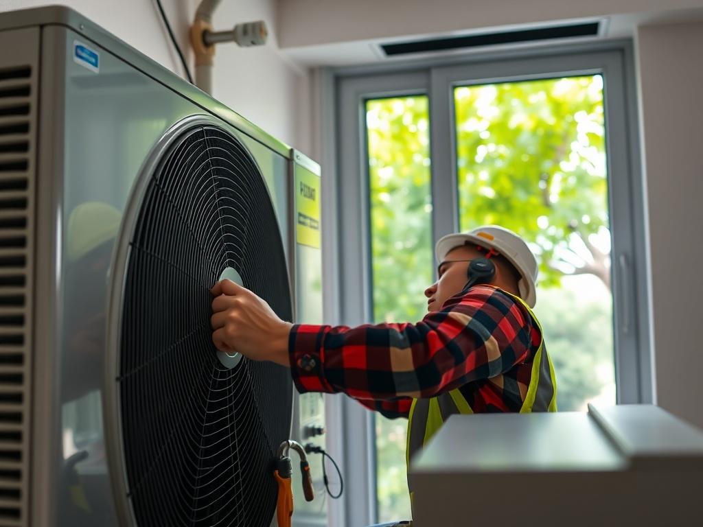 A hyper-realistic close-up shot of a professional technician installing an eco-friendly heat pump in a residential setting. The technician is focused and wearing safety gear, showcasing the installation process. The background features a modern home environment with greenery outside the window, emphasizing an eco-conscious lifestyle. The image should be bright and clear, capturing the details of the heat pump and the technician's tools, with a focus on the technician's hands at work. The color palette shoul