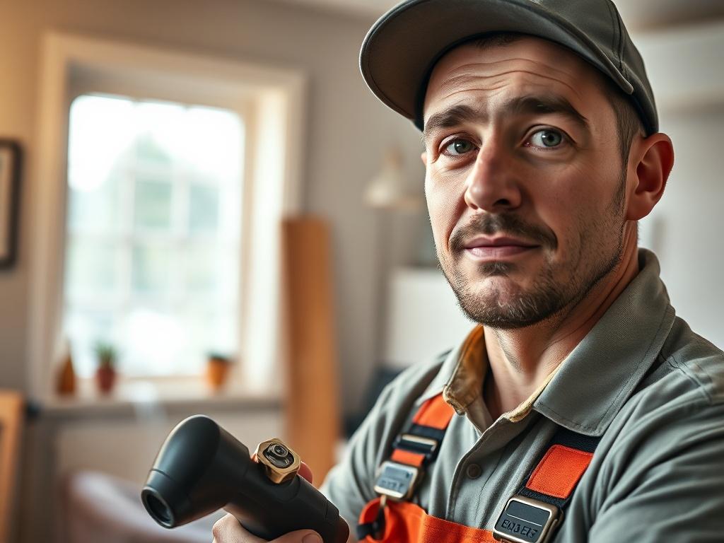 A close up shot of a plumber responding to an