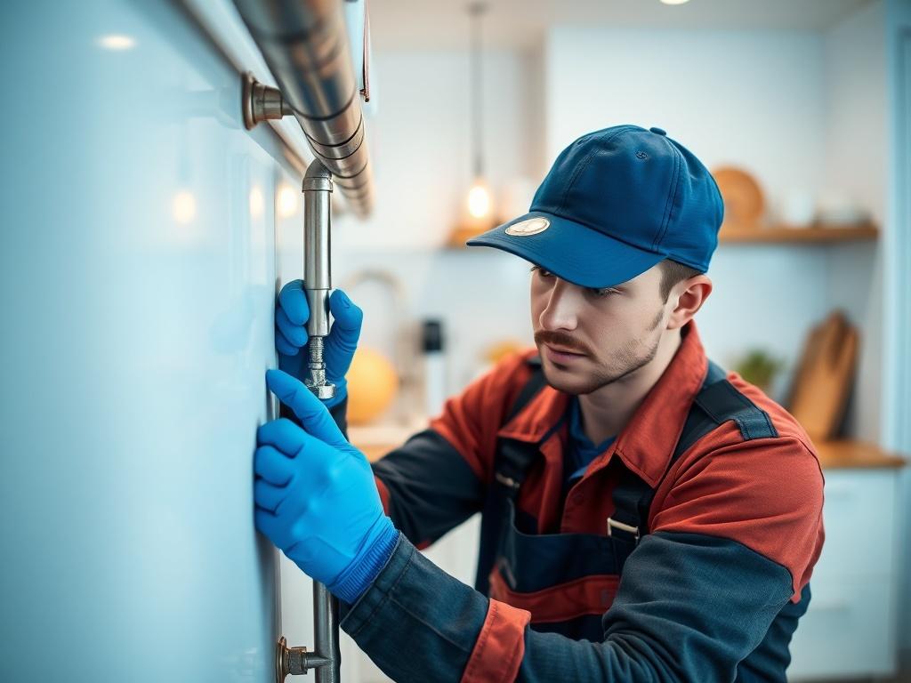 A close up shot of a professional plumber installing new