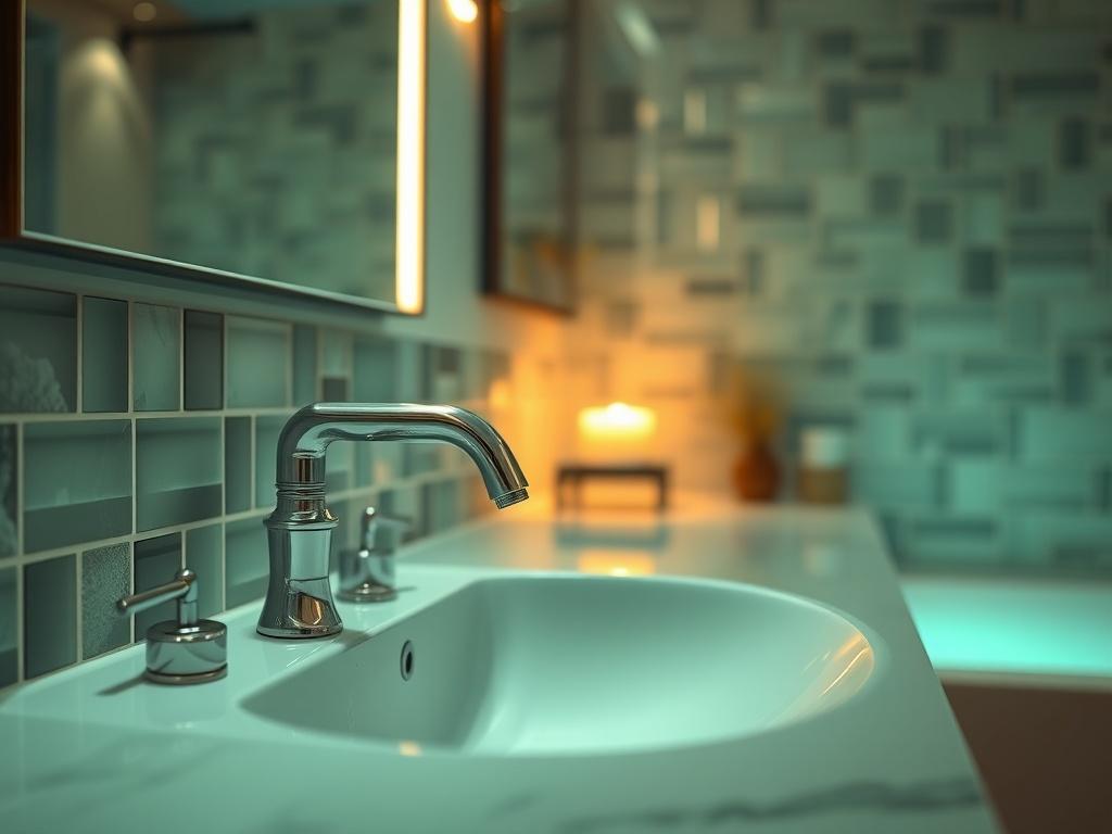A hyper-realistic close-up shot of a beautifully designed modern bathroom featuring elegant fixtures and soothing colors. The focus is on a stylish sink with a sleek faucet, surrounded by artistic tiles and ambient lighting. The background is softly blurred to emphasize the bathroom's luxurious details, creating a serene and inviting atmosphere. The color palette includes shades of green complementing the RGB(50, 170, 39) primary color.