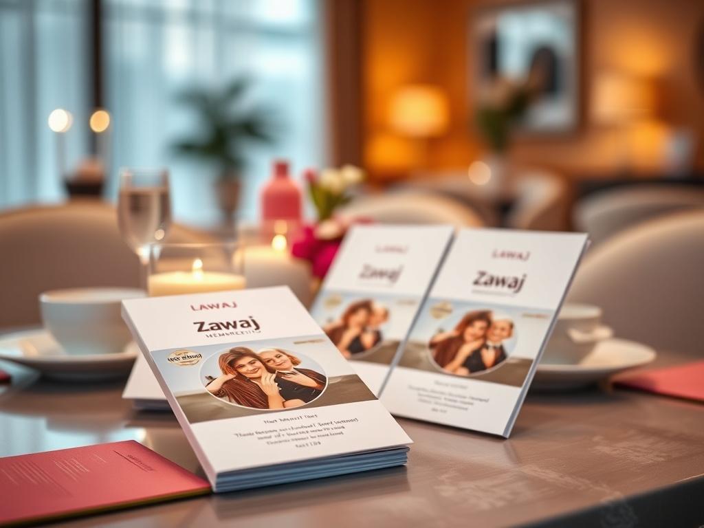 An inviting image of a beautifully arranged table with brochures showcasing membership tiers at Zawaj, surrounded by a warm ambiance. The focus is on the brochures, with a soft-focus background that hints at a welcoming matchmaking environment.