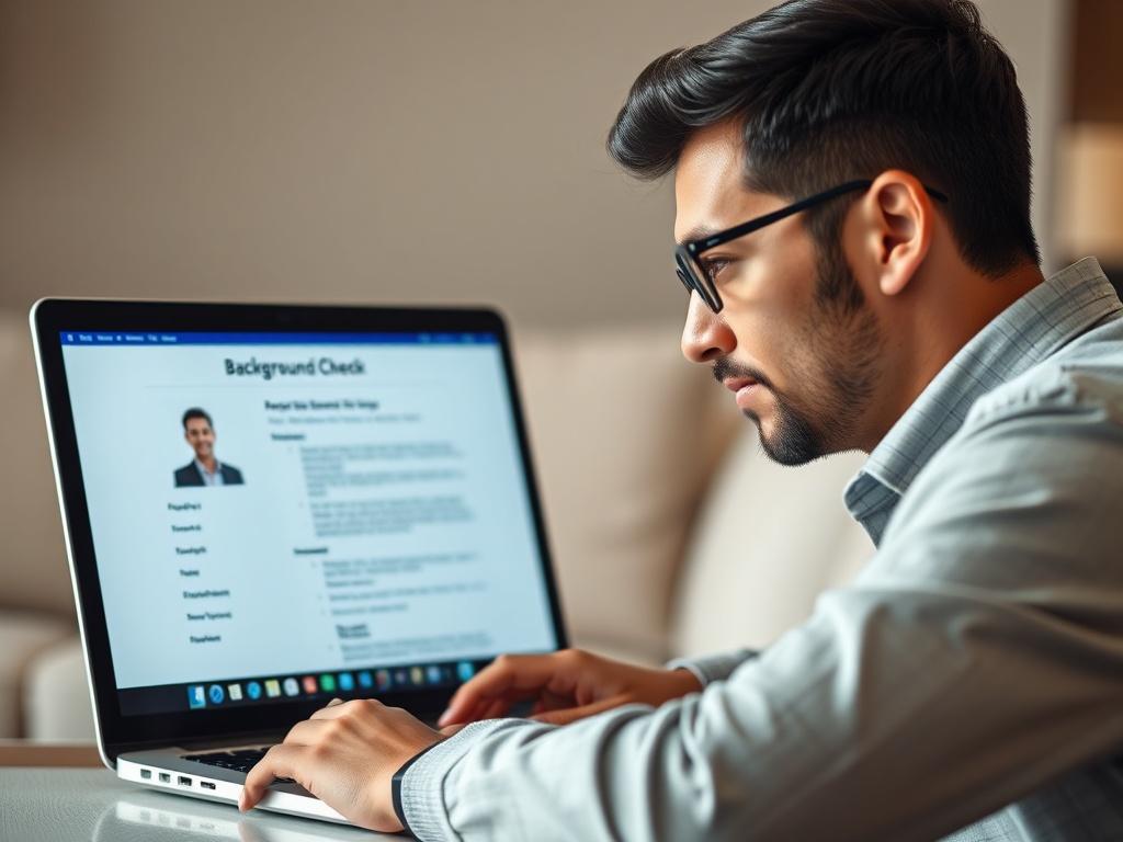 A close-up shot of a confident individual looking at a laptop screen displaying a background check report. The image conveys a sense of security and professionalism in the matchmaking process, with a soft-focus background that suggests a safe environment.