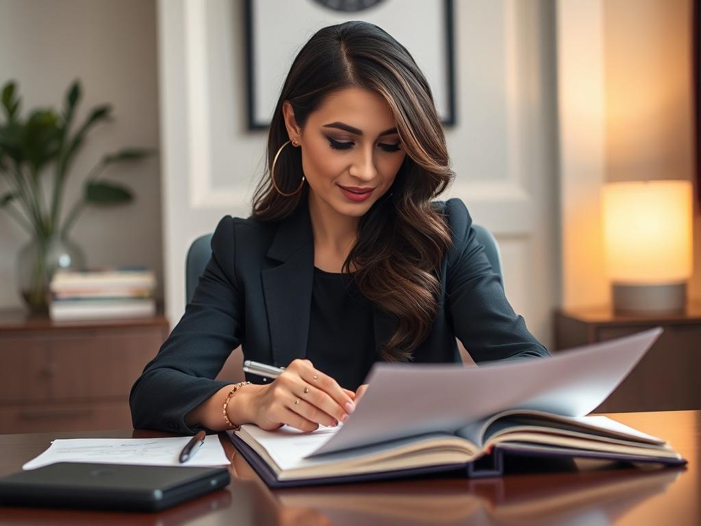 A professional and elegant matchmaker sitting at a desk, reviewing profiles with a thoughtful expression. The background is softly blurred to emphasize the focus on the matchmaker. The scene conveys warmth and trust, with neutral colors and a clean layout, reflecting the values of Zawaj.