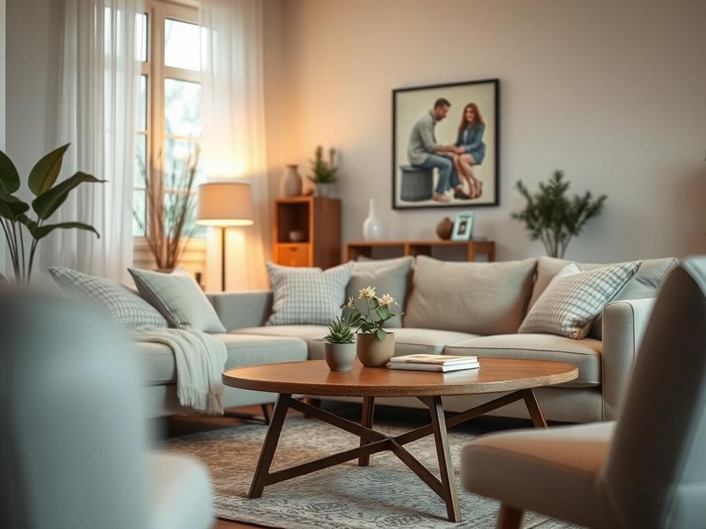 A close-up shot of a serene, inviting living room with soft lighting, showcasing a cozy couch and a coffee table. The ambiance reflects warmth and comfort, inviting individuals to explore matchmaking in a relaxing setting. The color palette should harmonize with rgb(122, 86, 4), emphasizing a welcoming atmosphere.