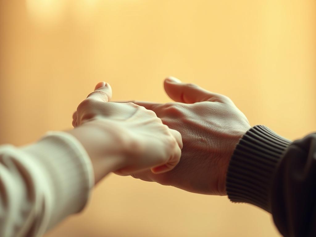 A close-up shot of two hands reaching for each other, symbolizing connection and potential partnership. The background features soft, warm tones that evoke feelings of intimacy and trust, aligning with the rgb(122, 86, 4) color scheme to enhance the emotional appeal.